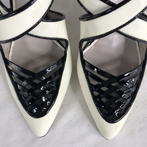 Jason Wu Heels Womens 7.5 US 38 EU White Black Patent Leather Lattice Accent - Picture 4 of 16
